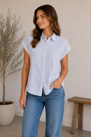 Woman wearing a blue and white striped shirt and jeans standing in a room with a plant and wooden bench.