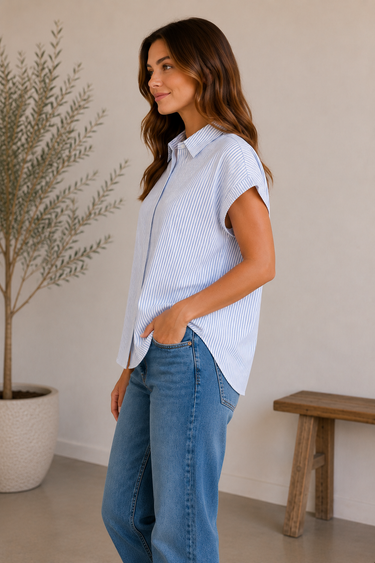 Woman wearing a light blue striped shirt and jeans standing in a room with a plant and wooden bench.