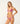 A woman wearing a purple bikini with an embroidered floral pattern on a white background.