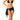 a woman wearing a black bikini and a black sarong cover up on a white background