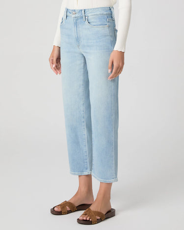 Light blue cropped straight jeans worn by a person on a white background