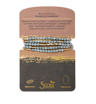 Blue howlite stone wrap necklace on branded cardstock
