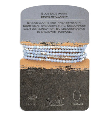 A double wrapped semi precious necklace & bracelet in blue agate on a decorated cardstock