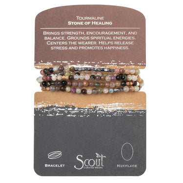 Set of beaded bracelets on a Scout branded card with information about tourmaline stone.