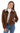 A woman wearing a distressed suede jacket with a faux fur collar and blue jeans on a white background