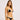 Woman wearing a black and white bikini against a plain background