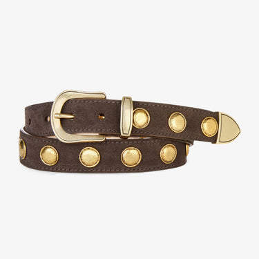 Red belt with gold studs and buckle on a white background