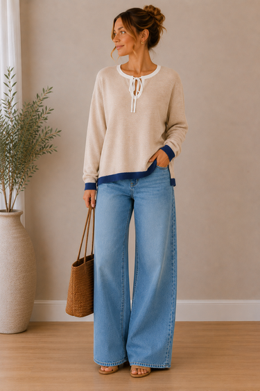 Woman wearing a beige sweater and blue jeans standing indoors with a plant and bag in the background.