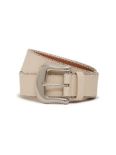 a vegan leather belt in ivory with silver studded details and buckle