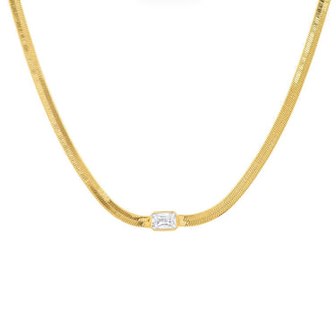 A herringbone snake chain with a clear cz gem in the center