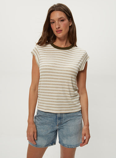 Tanya Striped Power T-Shirt in Oatmeal Stripe by Micheal Stars - Time Out Clothing