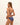 Woman wearing a blue bikini on a beige background
