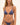 Woman wearing a blue bikini with beaded straps against a beige background