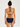 Navy blue bikini with halter top and high-waisted bottom on a white background