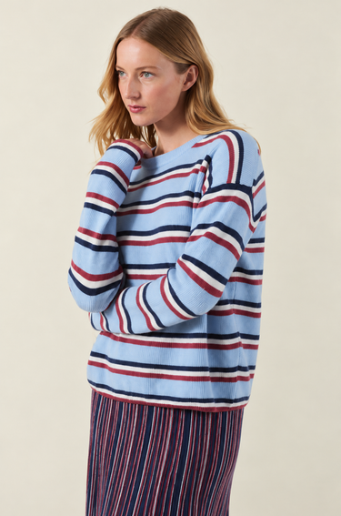 A woman wearing a light blue knit sweater with red and navy horizontal stripes, paired with matching striped trousers, against a plain beige background.