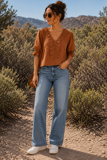 Woman in a desert setting wearing a brown blouse and blue jeans.