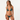 a woman wearing a dark green triangle bikini top and a bikini bottom on a white background