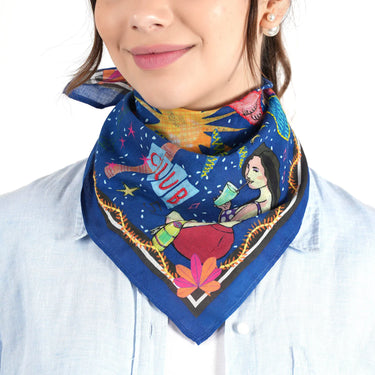 Person wearing a colorful scarf with a 'Club' design on a white background
