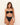 Woman wearing a black bikini with green accents against a light background