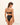 Woman wearing a black bikini with gold accents on a beige background