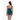 Woman wearing a teal tankini with adjustable straps and matching swimsuit bottoms on a white background