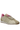 Women's retro beige and tan suede and canvas sneakers with pink fuzzy ankle lining, pink laces, and white sole on a white background, viewed from the side.