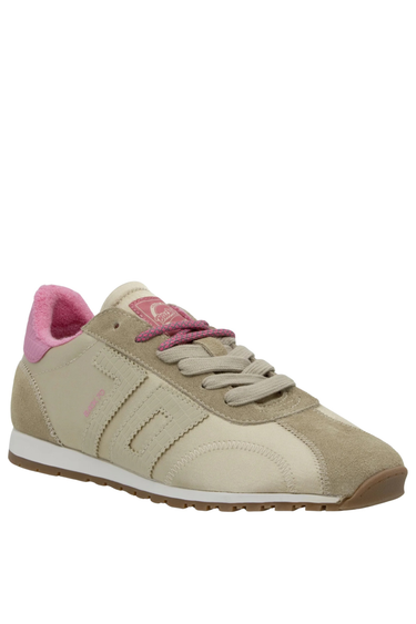 Women's retro beige and tan suede and canvas sneakers with pink fuzzy ankle lining, pink laces, and white sole on a white background, viewed from the side.