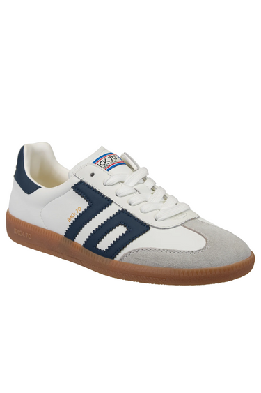 White sneaker with blue accents on a white background