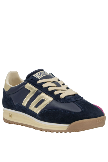 A pair of Back 70 Retro Runner sneakers in navy blue suede and leather, with metallic gold stripes, cream laces, and a gum rubber outsole.