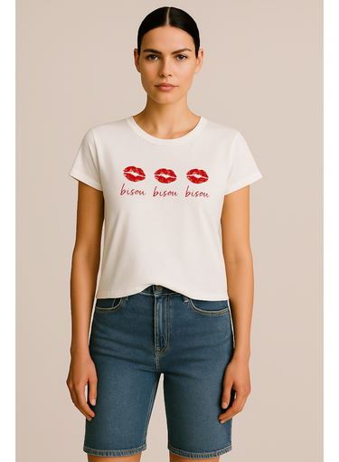 Woman wearing a white t-shirt with red lip prints and text on a beige background