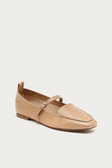 Kelsi Dagger Ferry Mary Jane flat in Bison leather with square toe, moc stitching and gold buckle