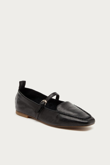 Kelsi Dagger Ferry Mary Jane flat in black leather with square toe, moc stitching and gold buckle