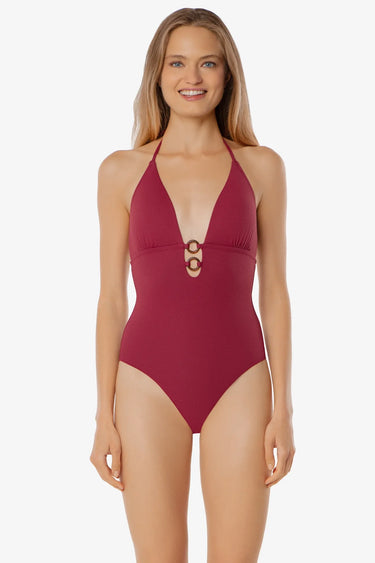Tortoise Ring Plunge One-Piece Solid Texture Swimsuit by Helen Jon - Time Out Clothing