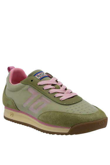 Green and pink sneaker with a visible brand logo on a white background