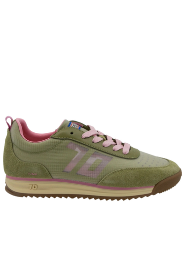 Green sneaker with pink accents on a white background