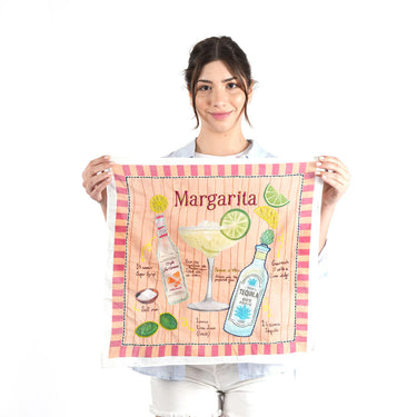 Person holding a 'Margarita' themed bandana with tequila bottle, lime, and cocktail illustration.