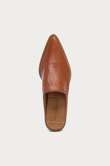 A single brown leather mule shoe with a pointed toe and a stacked wood-look block heel, shown from top profile against a light gray background.