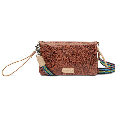 Open brown tooled leather wallet with a beige interior. Features pink glitter card slots, leopard print ID window, two zipper compartments, and a detachable beige wristlet strap.