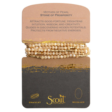 Set of pearl bracelets on a Scout branded card with description and branding.