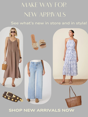 Promotional image with fashion items and text encouraging shopping for new arrivals.