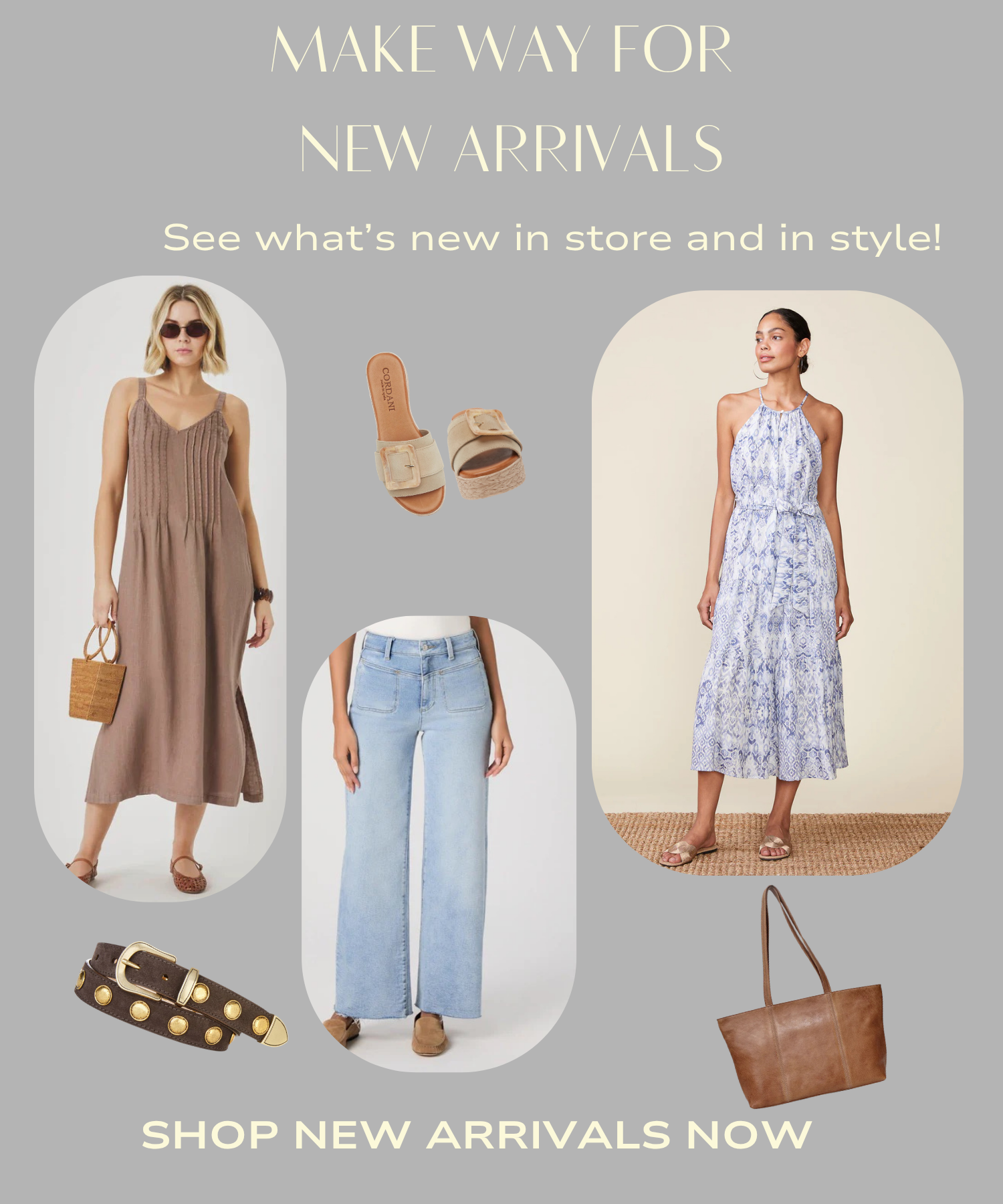 Promotional image with fashion items and text encouraging shopping for new arrivals.