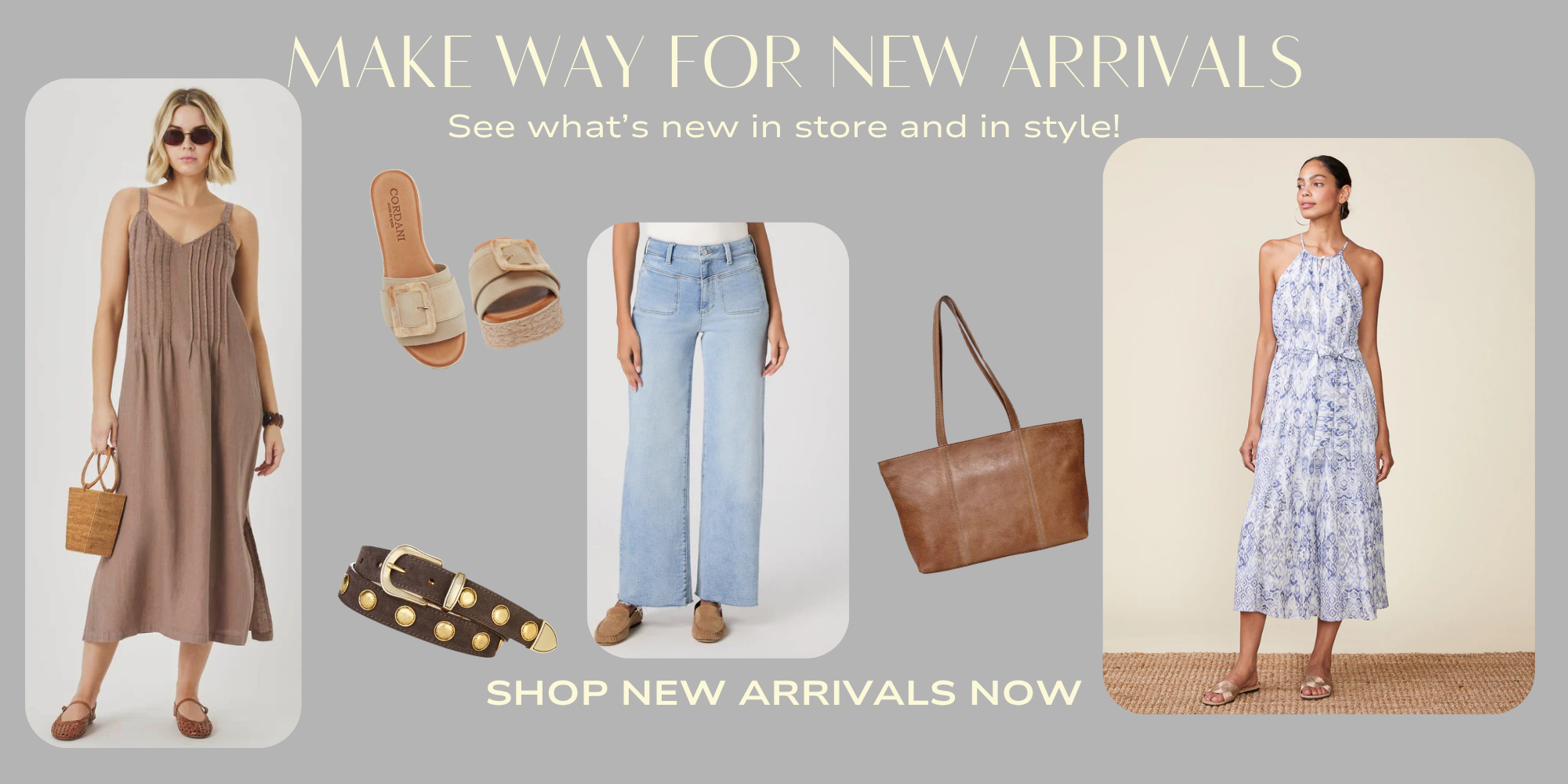 Promotional banner for new arrivals with fashion items and text on a gray background
