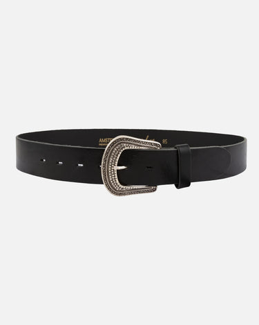 A sophisticated black genuine leather belt with a prominent silver-toned Western-style buckle, intricately decorated with small shimmering studs, displayed against a light background.