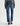 A woman facing backwards wearing mid-rise medium blue wash straight leg denim with a distressed hem, fading, and gold stitching on a white background.