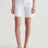 White denim shorts worn by a person on a white background
