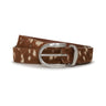 Brown leather belt with a silver buckle on a white background