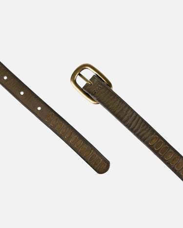 Olive  leather belt with a gold buckle on a light gray background