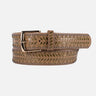 Brown leather belt with decorative studs on a white background