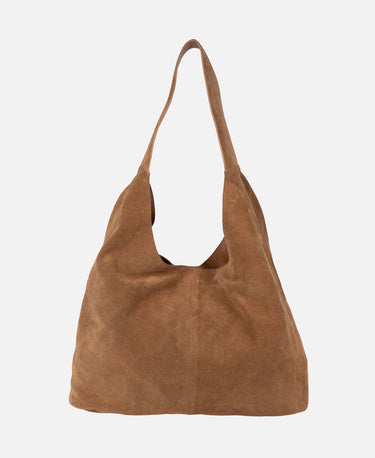 A slouchy brown suede hobo shoulder bag with a single strap, photographed against a clean white background.