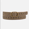 Brown belt with decorative studs and a gold buckle on a white background